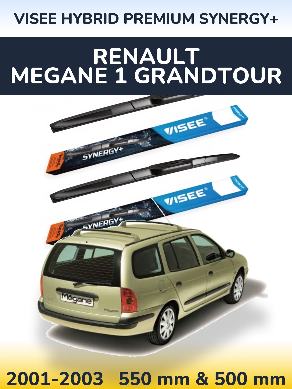 Front wiper blade set VISEE HYBRID PREMIUM SYNERGY+ 550 & 500 mm for Renault Megane 1 Grandtour 2001-2003