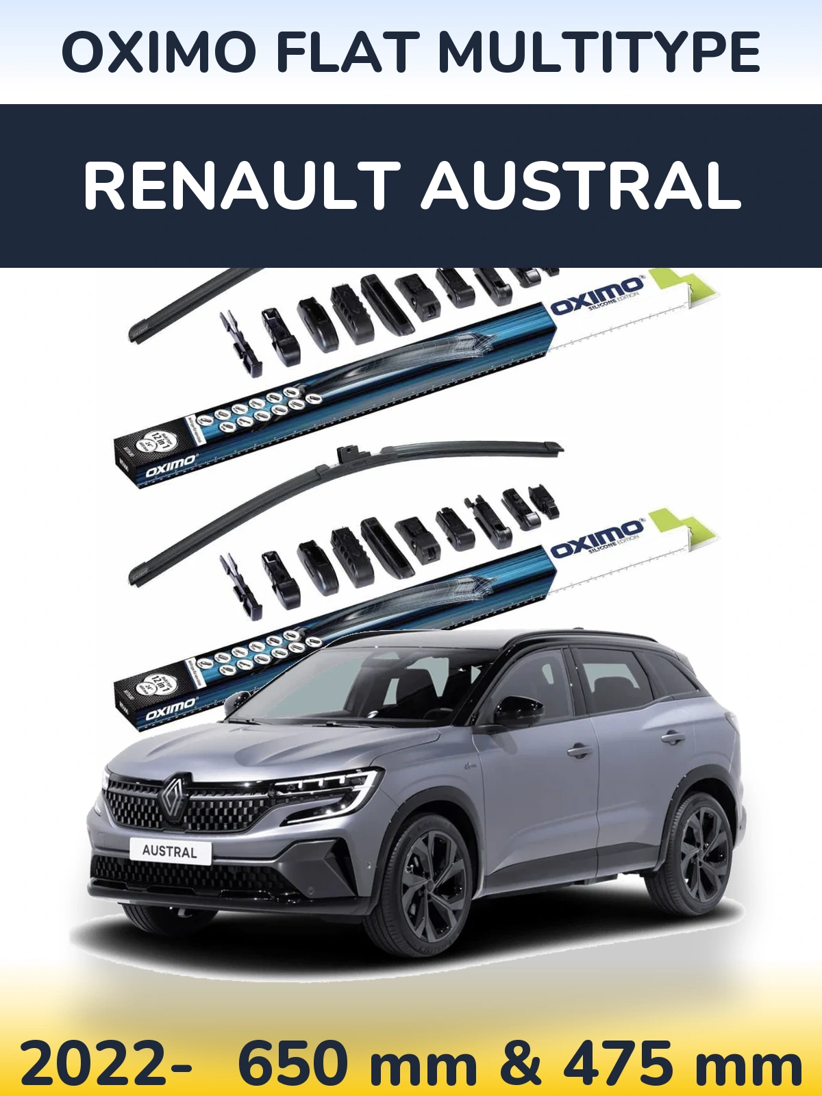 Комплект передних дворников Oximo Flat MultiТипe 650 & 475 мм для Renault Austral 2022-2026