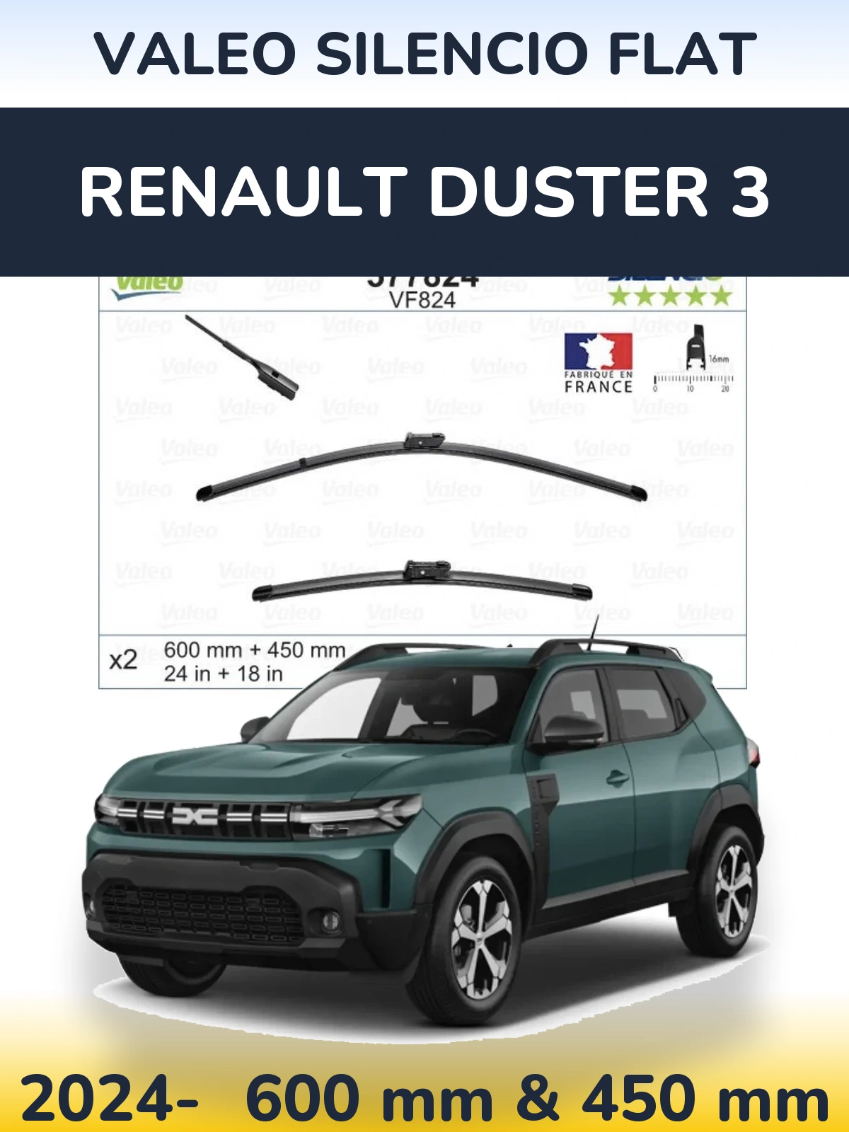 Комплект передніх щіток Valeo Silencio Flat 600 & 450 мм для Renault Duster 3 2024-2026