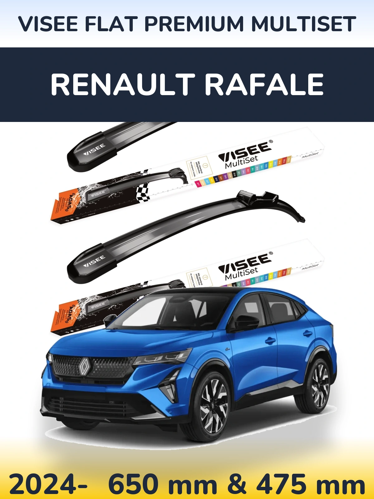 Front wiper blade set VISEE FLAT PREMIUM MultiSet 650 & 475 mm for Renault Rafale 2024-2026