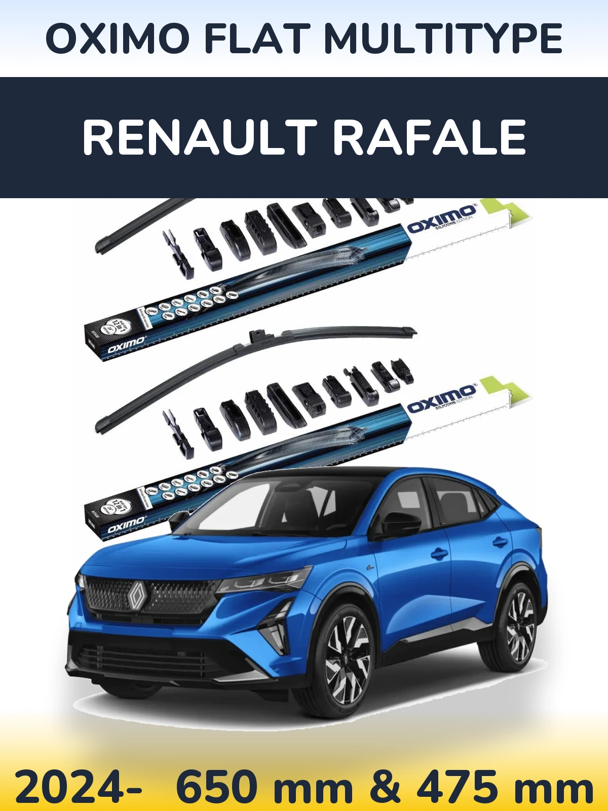 Front wiper blade set Oximo Flat MultiTypee 650 & 475 mm for Renault Rafale 2024-2026