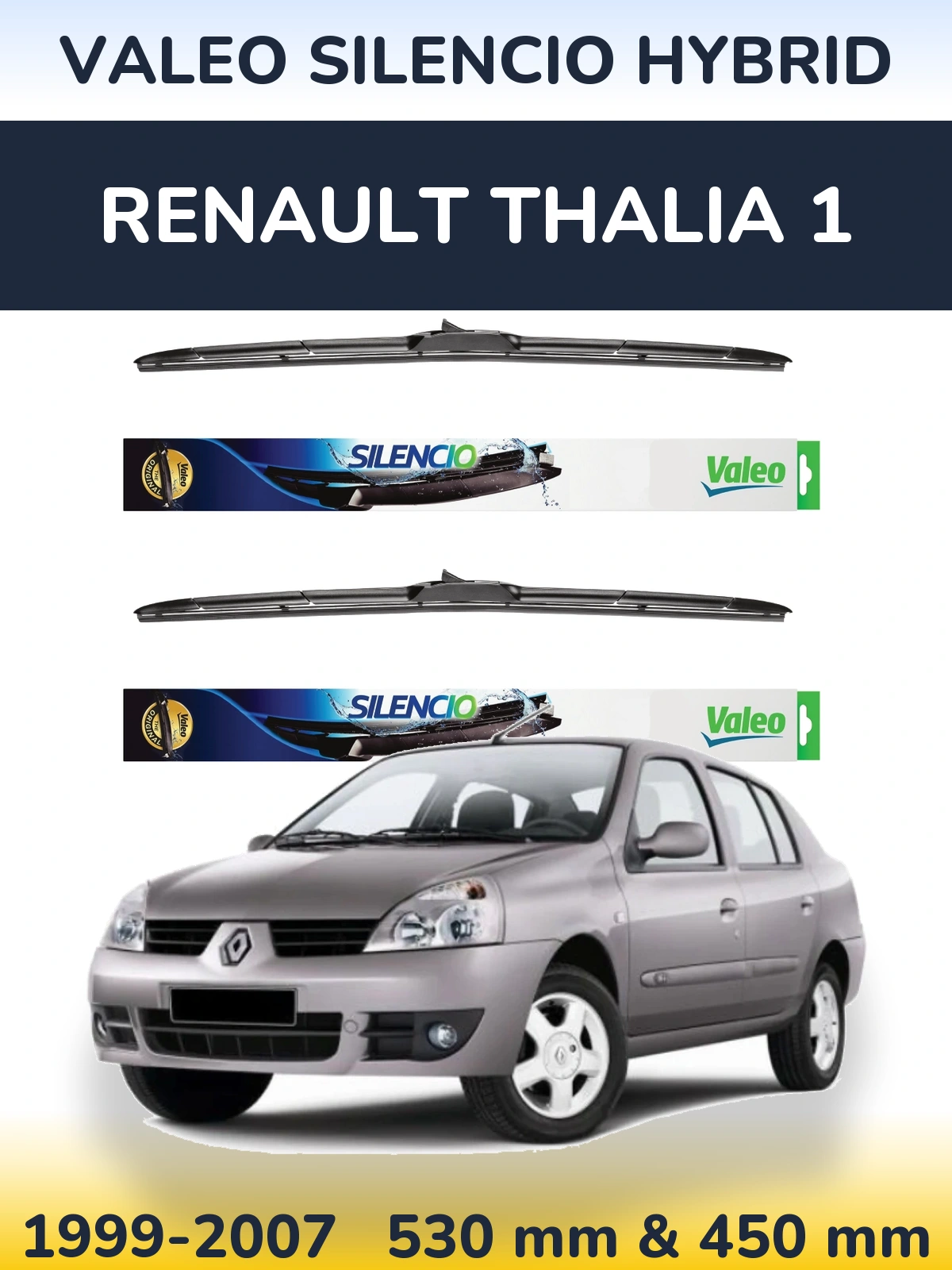 Front wiper blade set Valeo Silencio Hybrid 530 & 450 mm for Renault Thalia 1 1999-2007