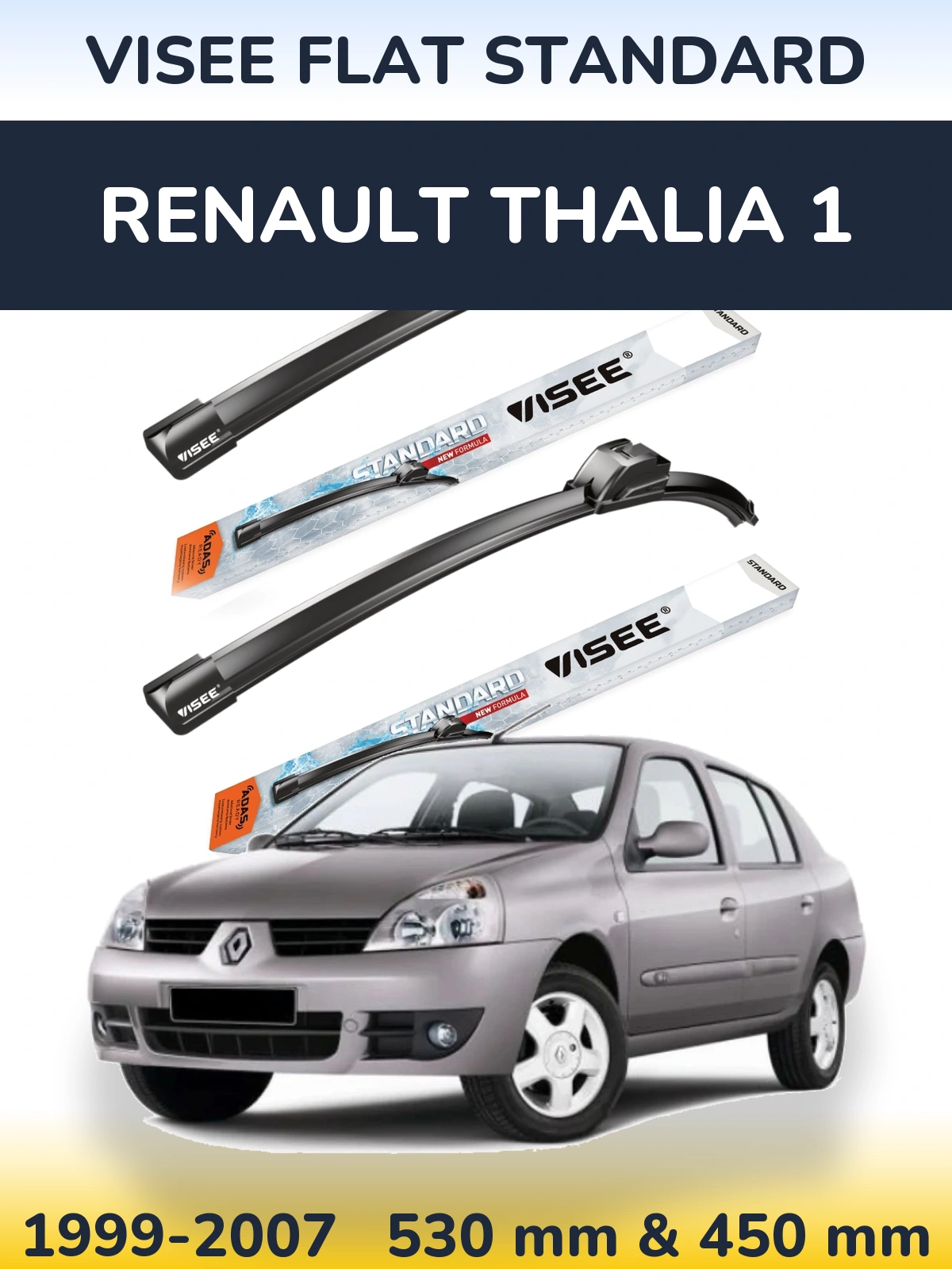 Front wiper blade set VISEE FLAT STANDARD 530 & 450 mm for Renault Thalia 1 1999-2007