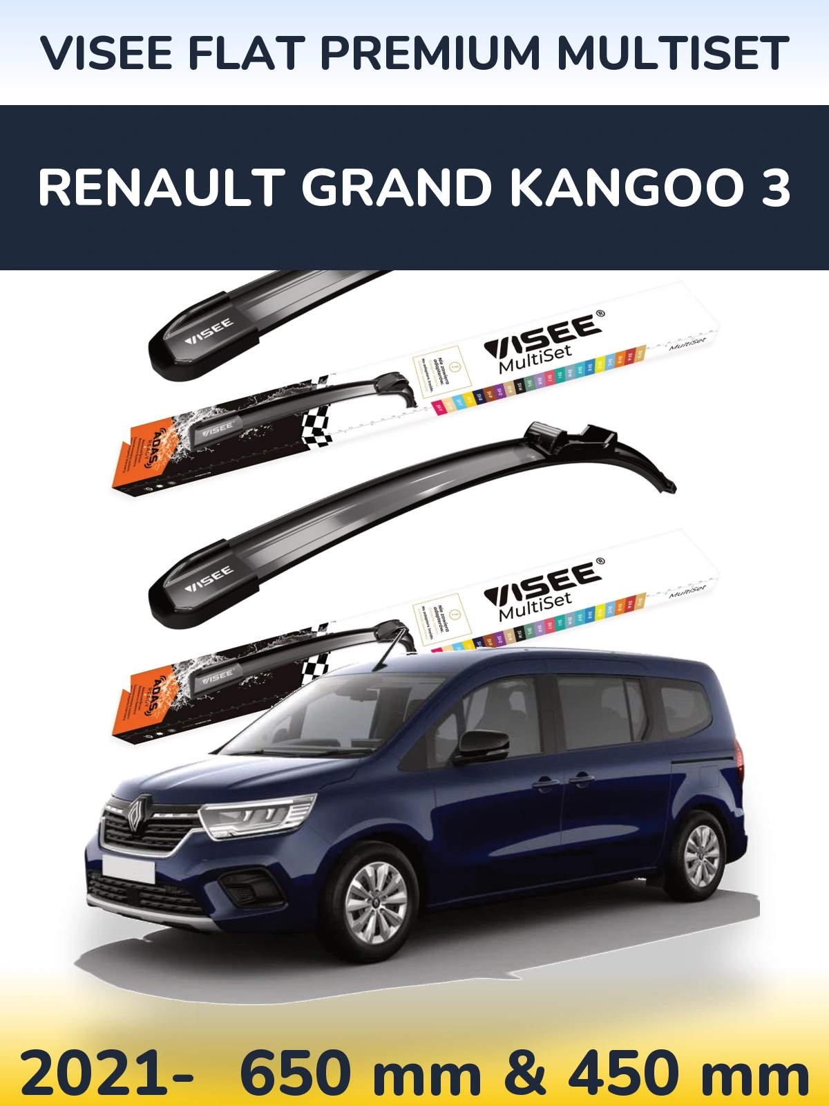 Front wiper blade set VISEE FLAT PREMIUM MultiSet 650 & 450 mm for Renault Grand Kangoo 3 2021-2026