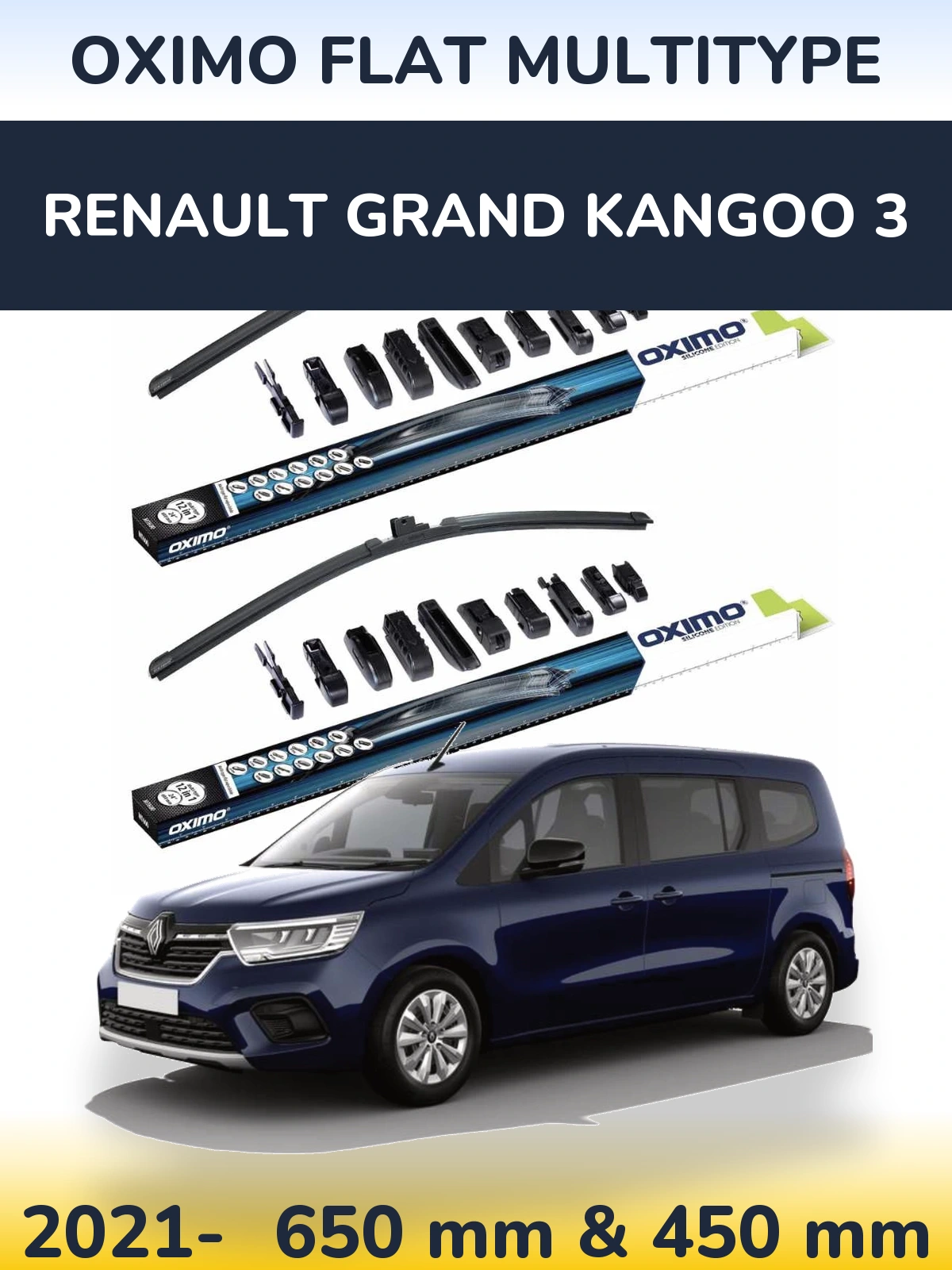 Front wiper blade set Oximo Flat MultiTypee 650 & 450 mm for Renault Grand Kangoo 3 2021-2026