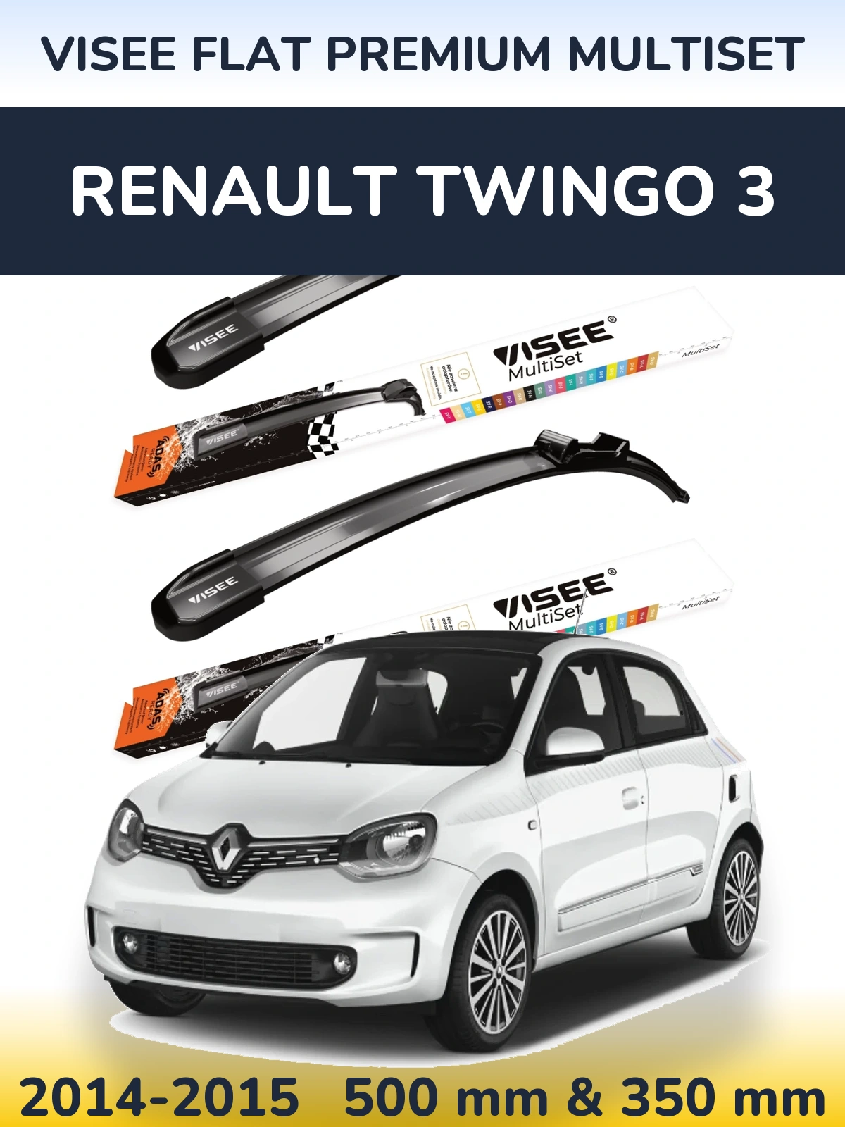 Front wiper blade set VISEE FLAT PREMIUM MultiSet 500 & 350 mm for Renault Twingo 3 2014-2015