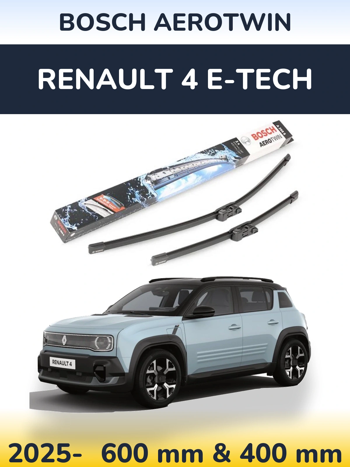 Комплект передних дворников BOSCH AeroTwin 600 & 400 мм для Renault 4 E-Tech 2025-2026