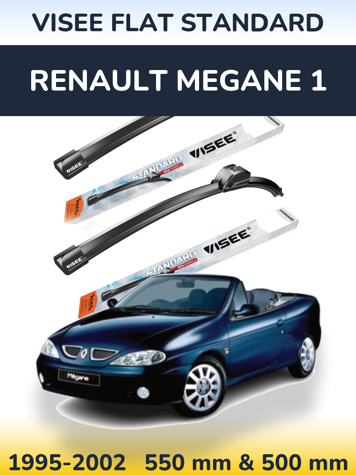 Front wiper blade set VISEE FLAT STANDARD 550 & 500 mm for Renault Megane 1 1995-2002
