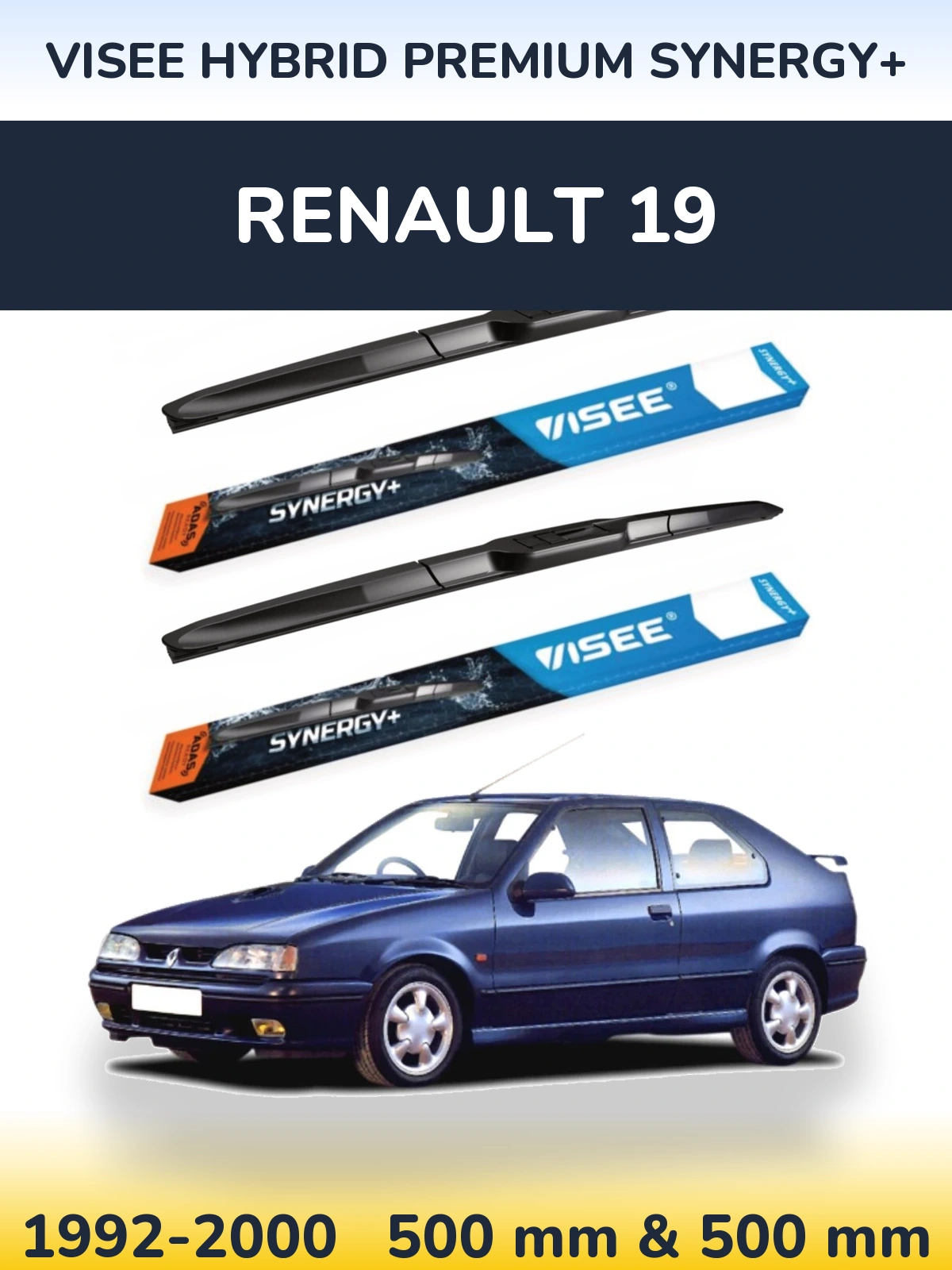Front wiper blade set VISEE HYBRID PREMIUM SYNERGY+ 500 & 500 mm for Renault 19 1992-2000