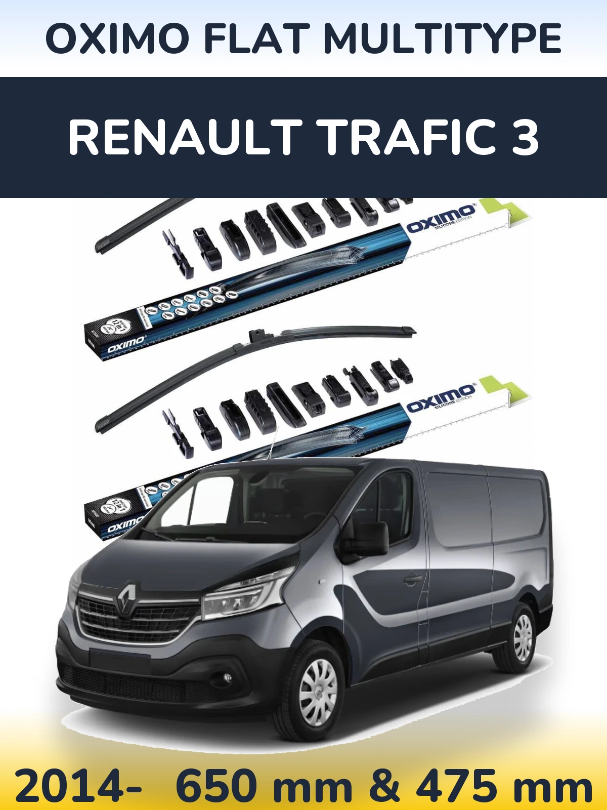 Front wiper blade set Oximo Flat MultiTypee 650 & 475 mm for Renault Trafic 3 2014-2026