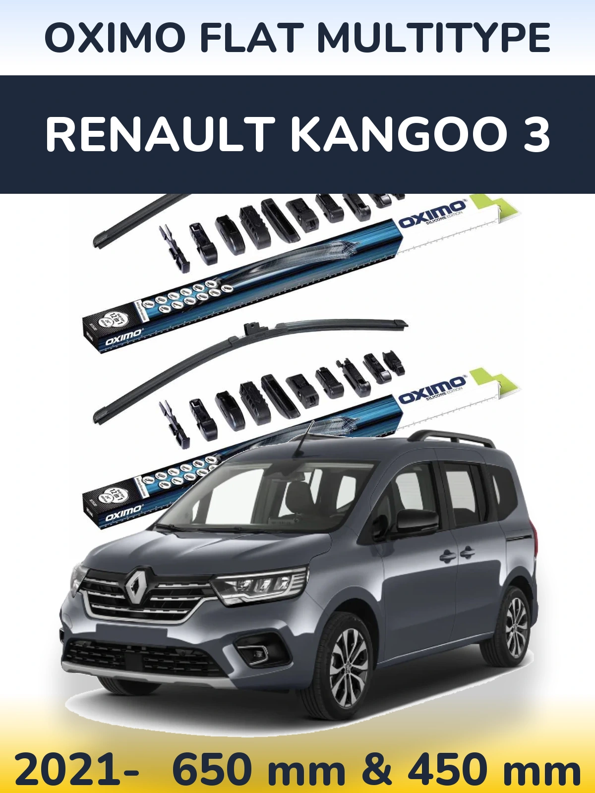 Front wiper blade set Oximo Flat MultiTypee 650 & 450 mm for Renault Kangoo 3 2021-2026