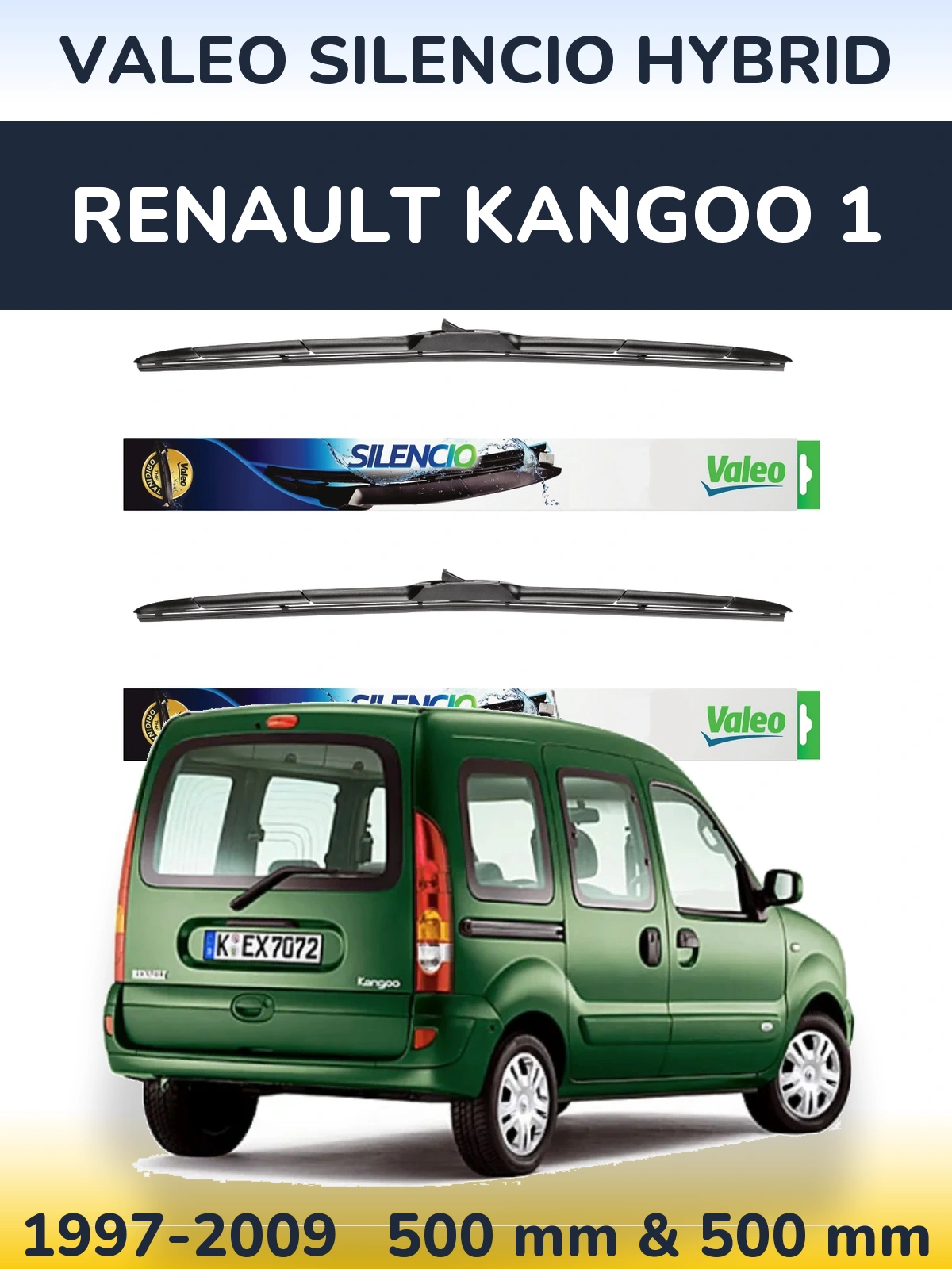 Front wiper blade set Valeo Silencio Hybrid 500 & 500 mm for Renault Kangoo 1 1997-2009