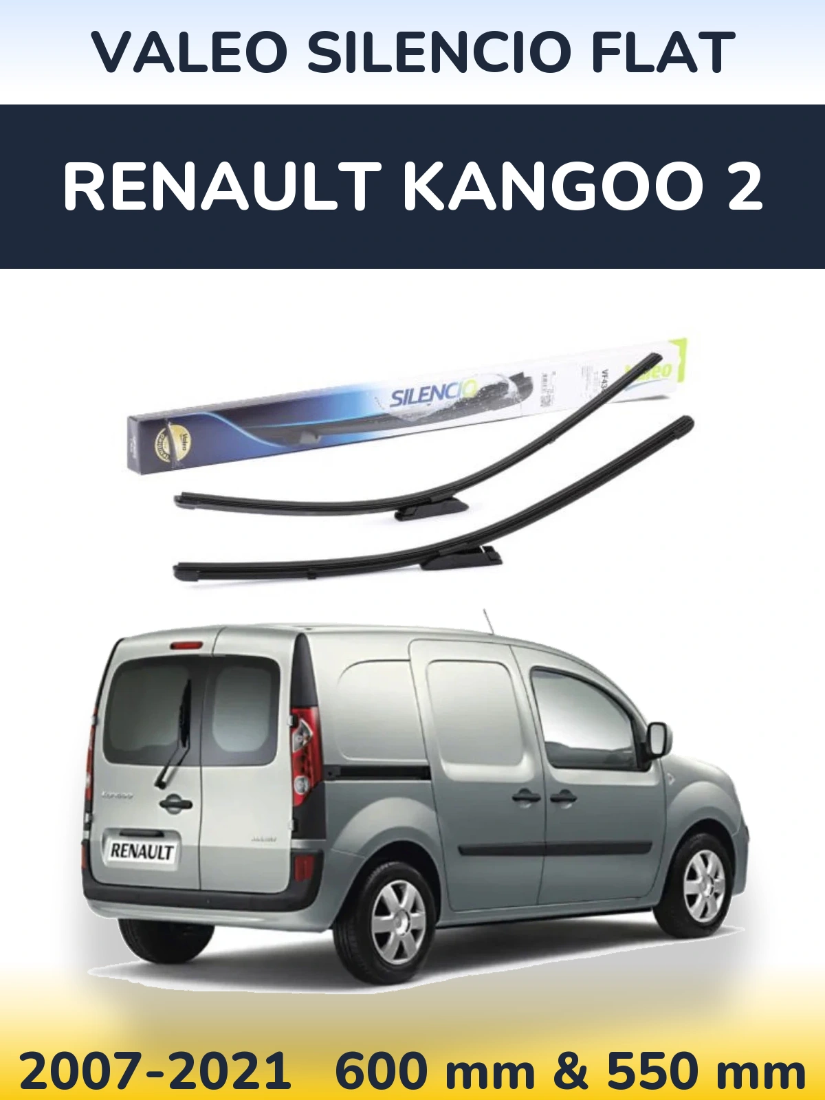 Front wiper blade set Valeo Silencio Flat 580 & 530 mm for Renault Kangoo 2 2007-2021