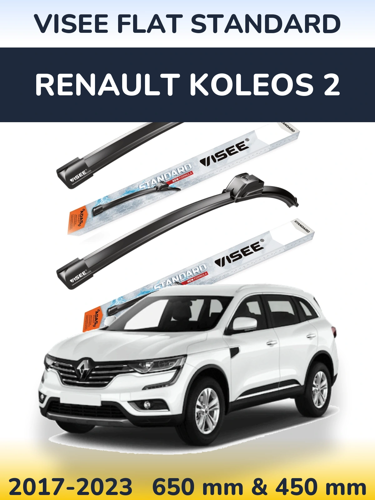 Front wiper blade set VISEE FLAT STANDARD 650 & 450 mm for Renault Koleos 2 2017-2023