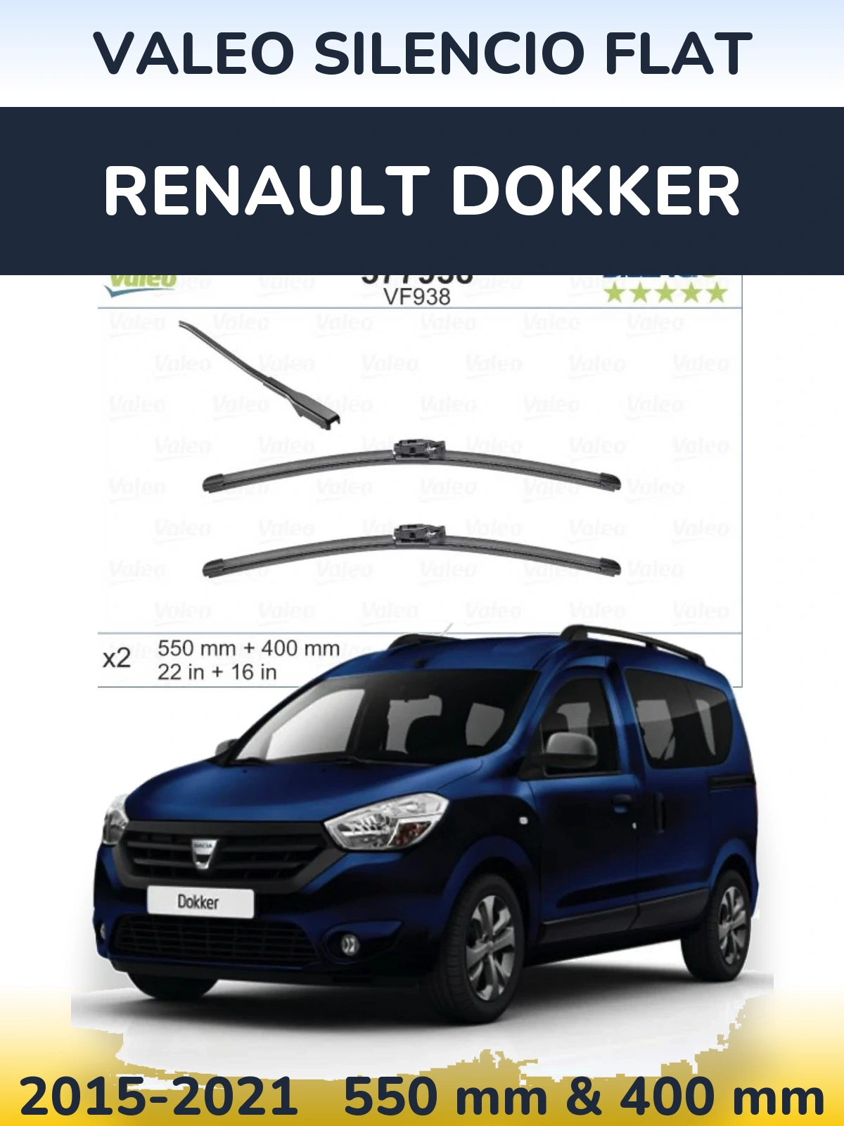 Front wiper blade set Valeo Silencio Flat 550 & 400 mm for Renault Dokker 2015-2021