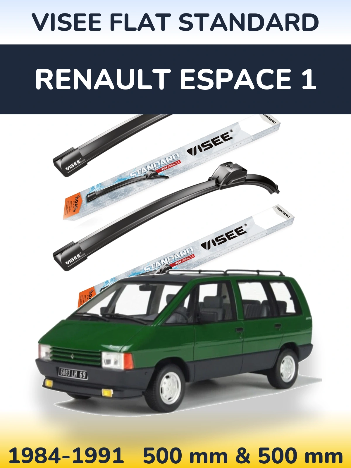 Front wiper blade set VISEE FLAT STANDARD 500 & 500 mm for Renault Espace 1 1984-1991