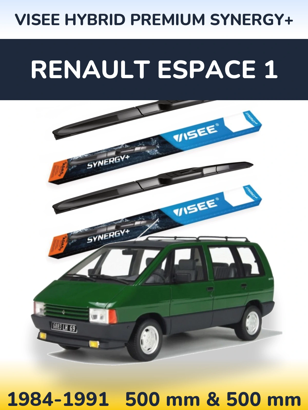 Front wiper blade set VISEE HYBRID PREMIUM SYNERGY+ 500 & 500 mm for Renault Espace 1 1984-1991