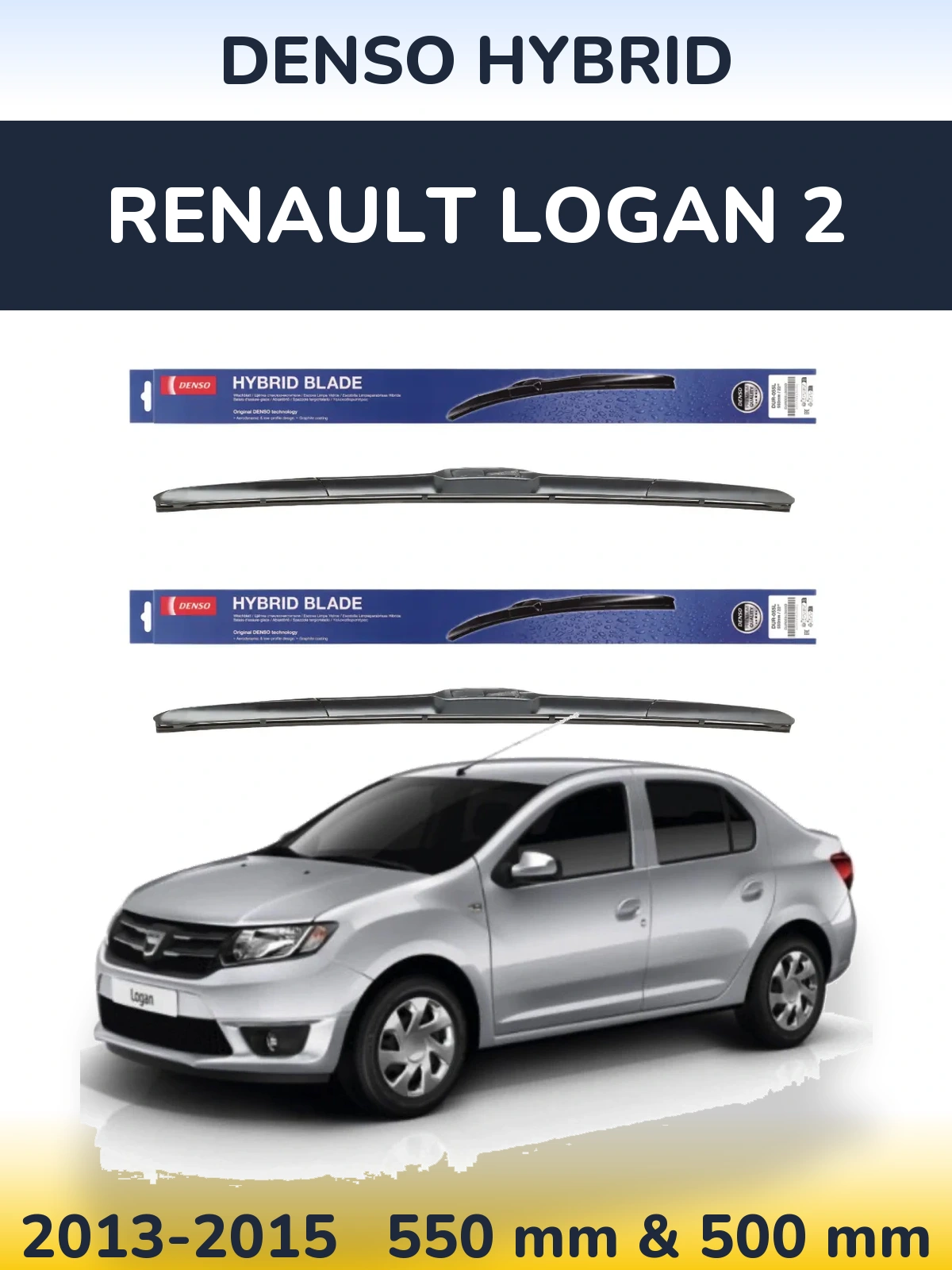 Front wiper blade set Denso Hybrid 550 & 500 mm for Renault Logan 2 2013-2015
