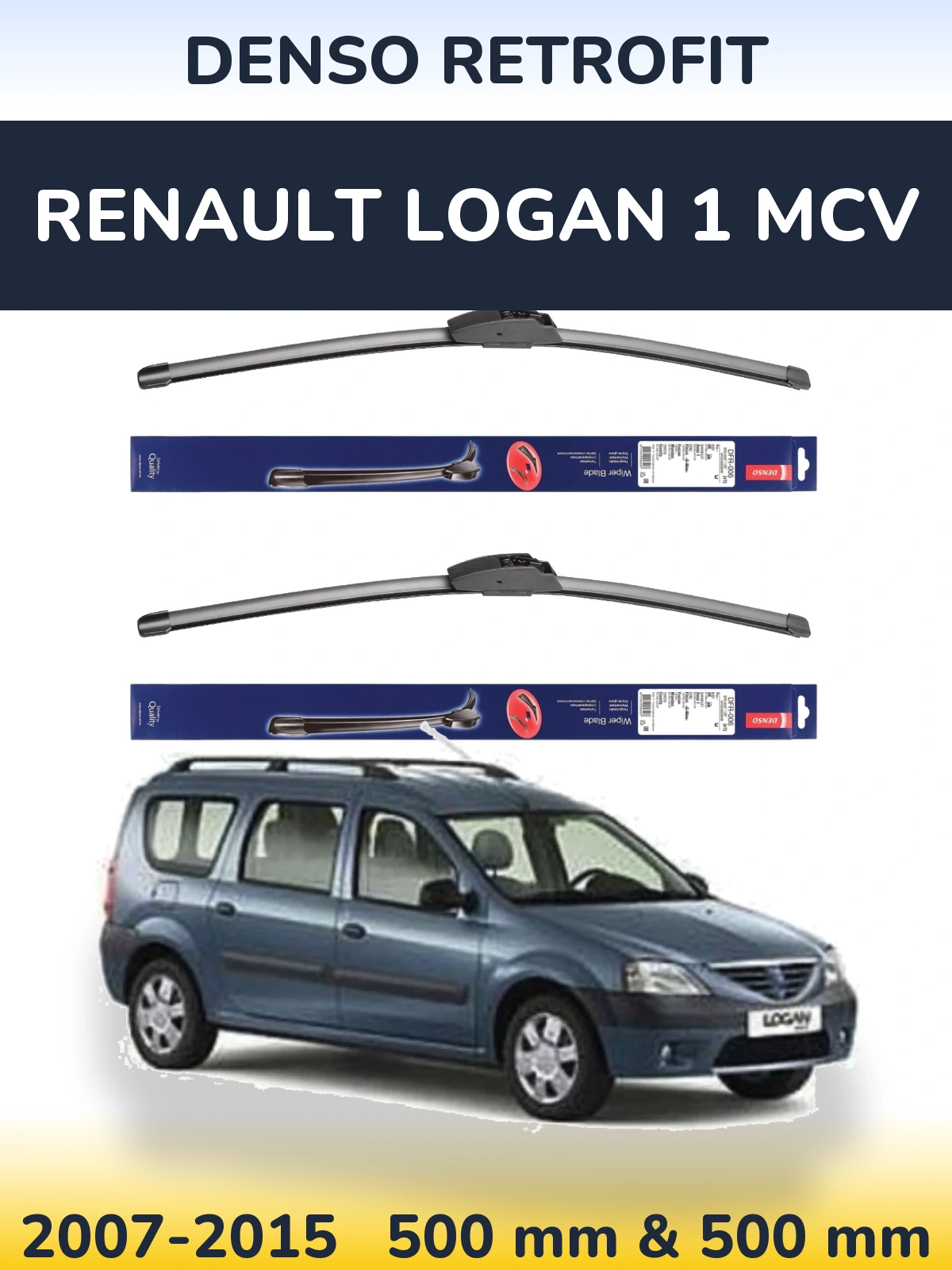Front wiper blade set Denso Retrofit 500 & 500 mm for Renault Logan 1 MCV 2007-2015