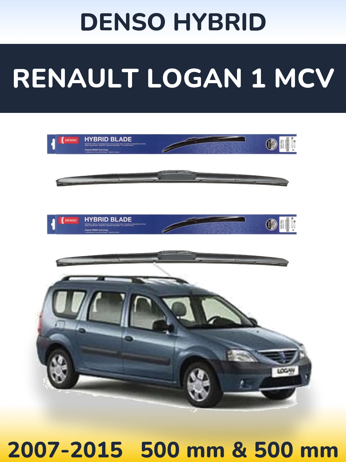 Front wiper blade set Denso Hybrid 500 & 500 mm for Renault Logan 1 MCV 2007-2015