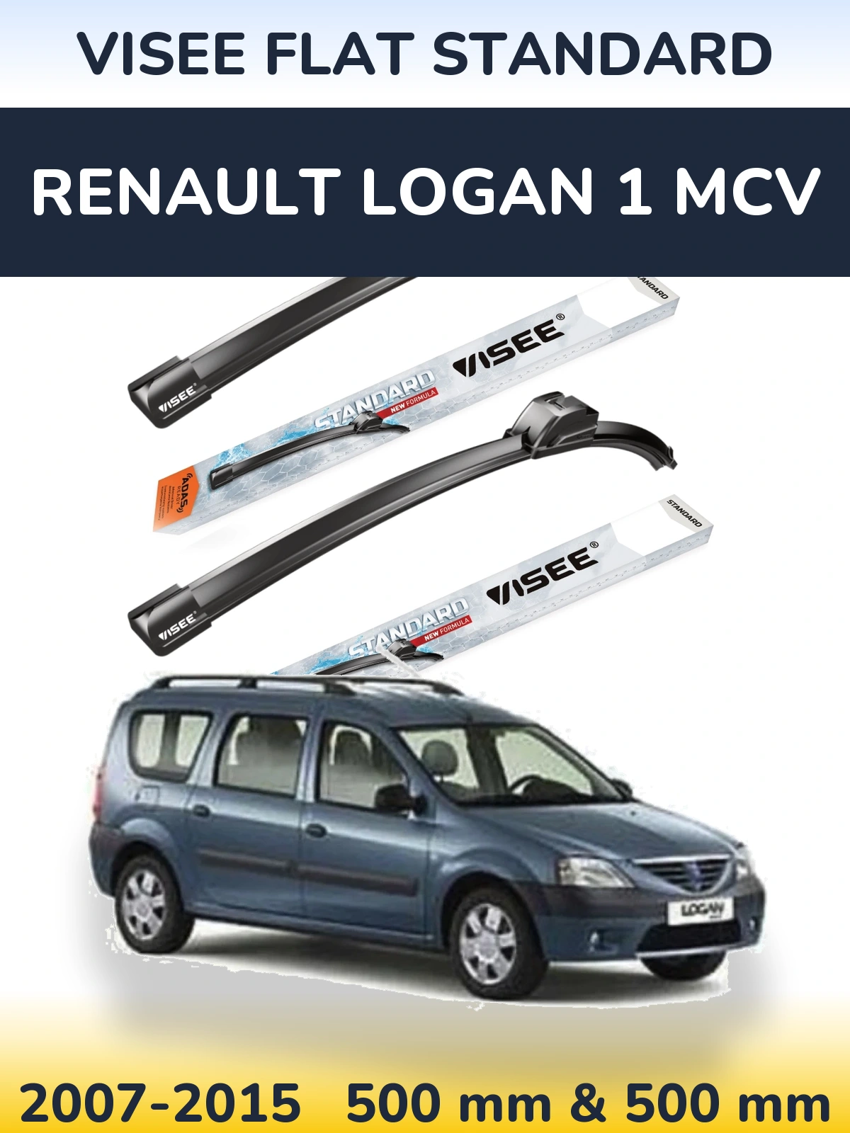Front wiper blade set VISEE FLAT STANDARD 500 & 500 mm for Renault Logan 1 MCV 2007-2015