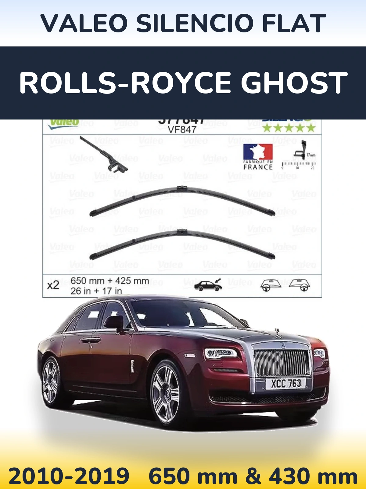 Front wiper blade set Valeo Silencio Flat 650 & 430 mm for Rolls-Royce Ghost 2010-2019