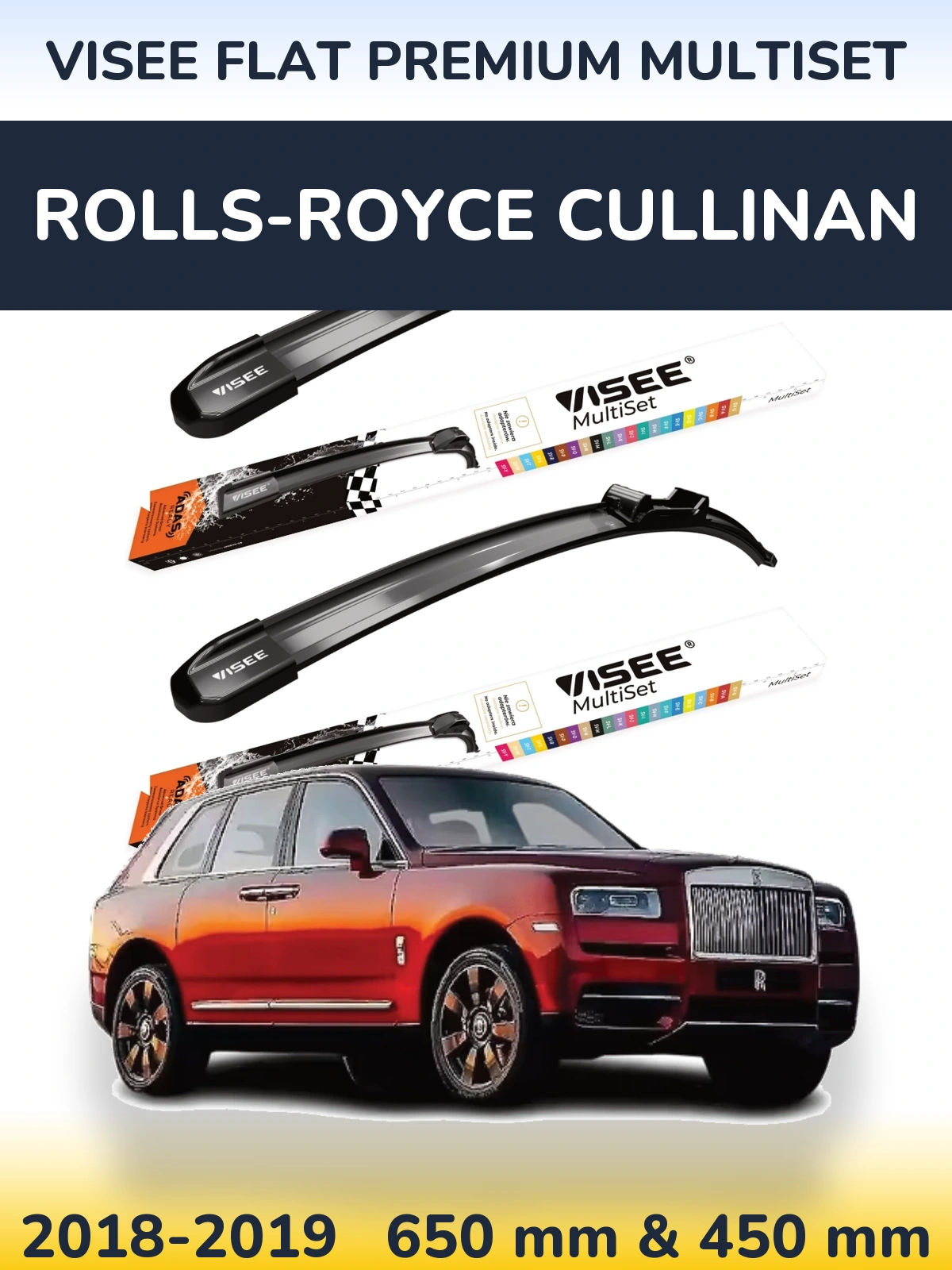 Front wiper blade set VISEE FLAT PREMIUM MultiSet 650 & 450 mm for Rolls-Royce Cullinan 2018-2019