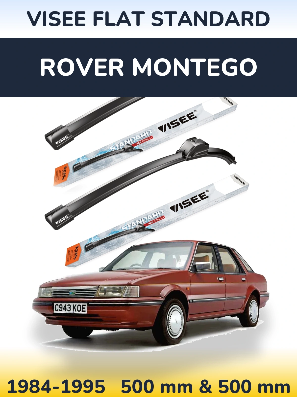Front wiper blade set VISEE FLAT STANDARD 500 & 500 mm for Rover Montego 1984-1995