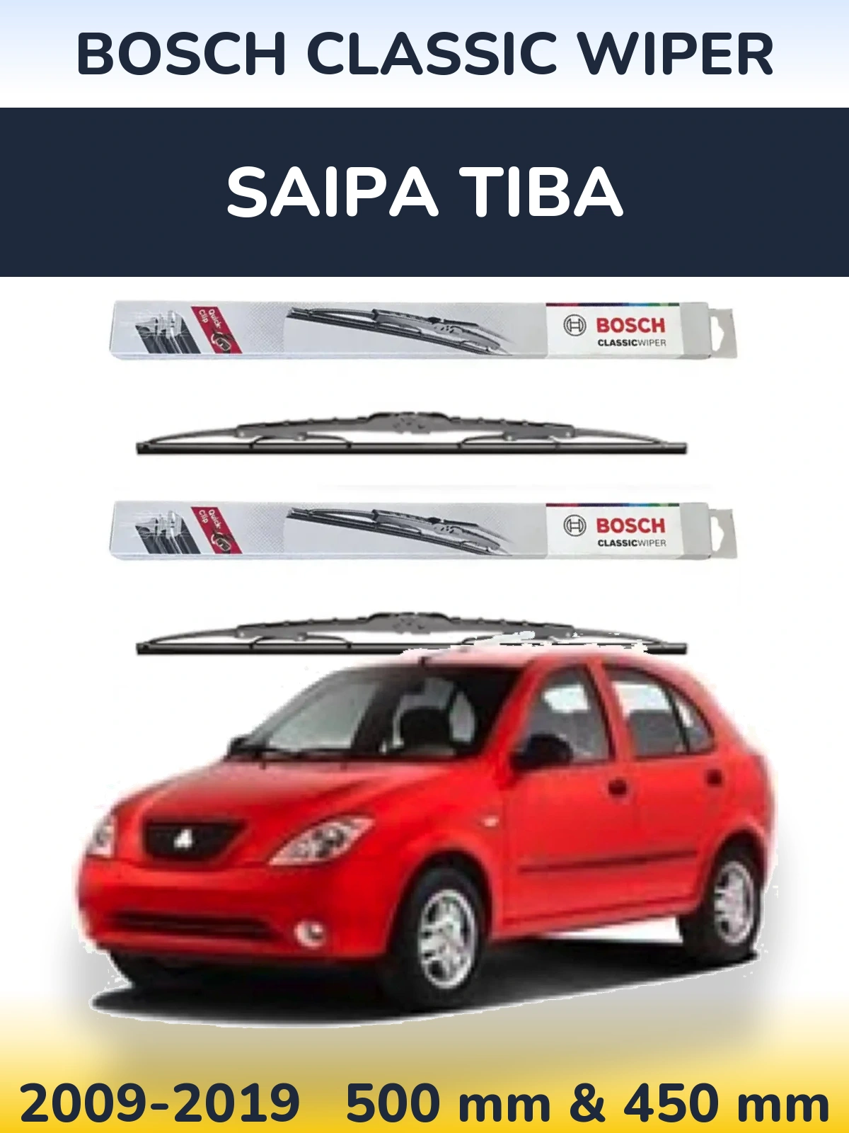 Front wiper blade set BOSCH Classic Wiper 500 & 450 mm for Saipa Tiba 2009-2019
