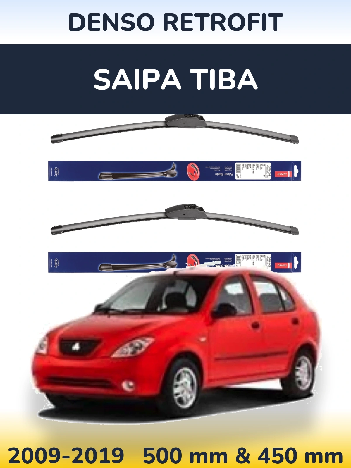 Front wiper blade set Denso Retrofit 500 & 450 mm for Saipa Tiba 2009-2019