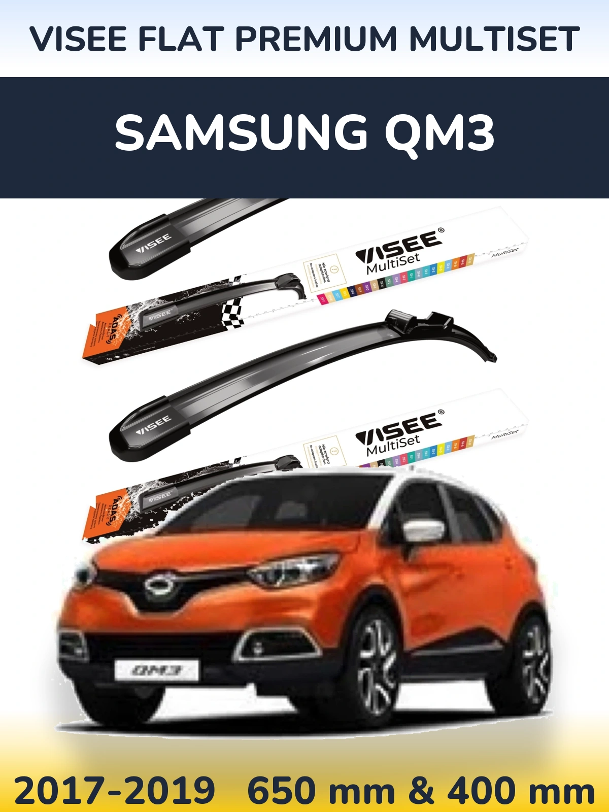 Front wiper blade set VISEE FLAT PREMIUM MultiSet 650 & 400 mm for Samsung QM3 2017-2019