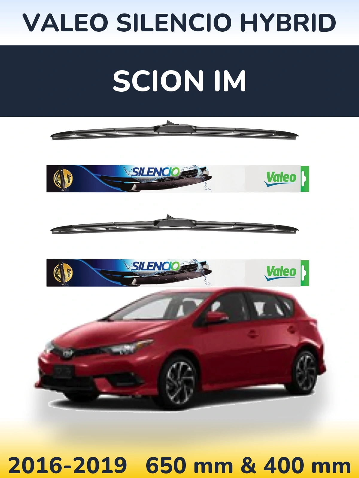 Front wiper blade set Valeo Silencio Hybrid 650 & 400 mm for Scion iM 2016-2019
