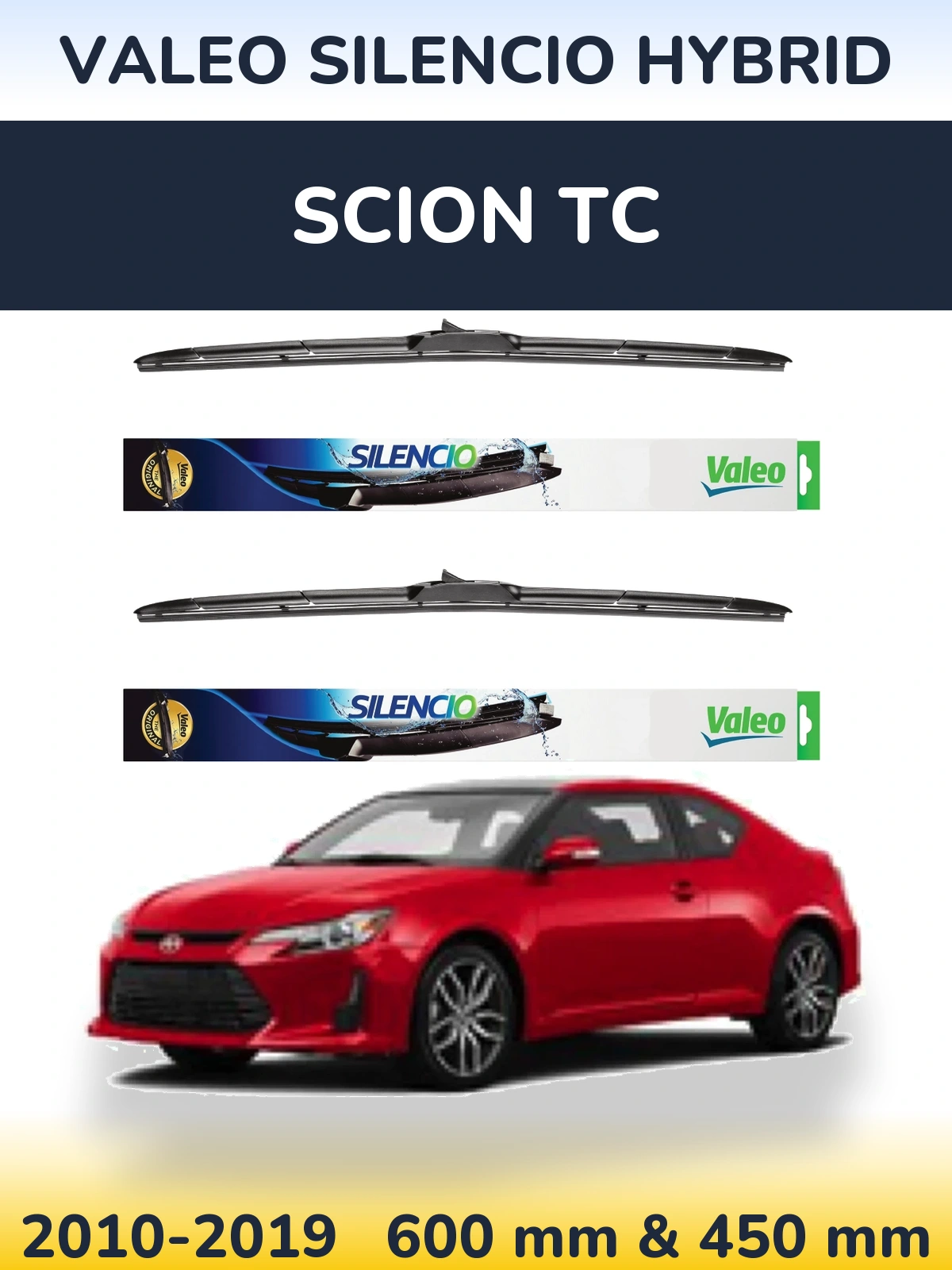 Front wiper blade set Valeo Silencio Hybrid 600 & 450 mm for Scion tC 2010-2019