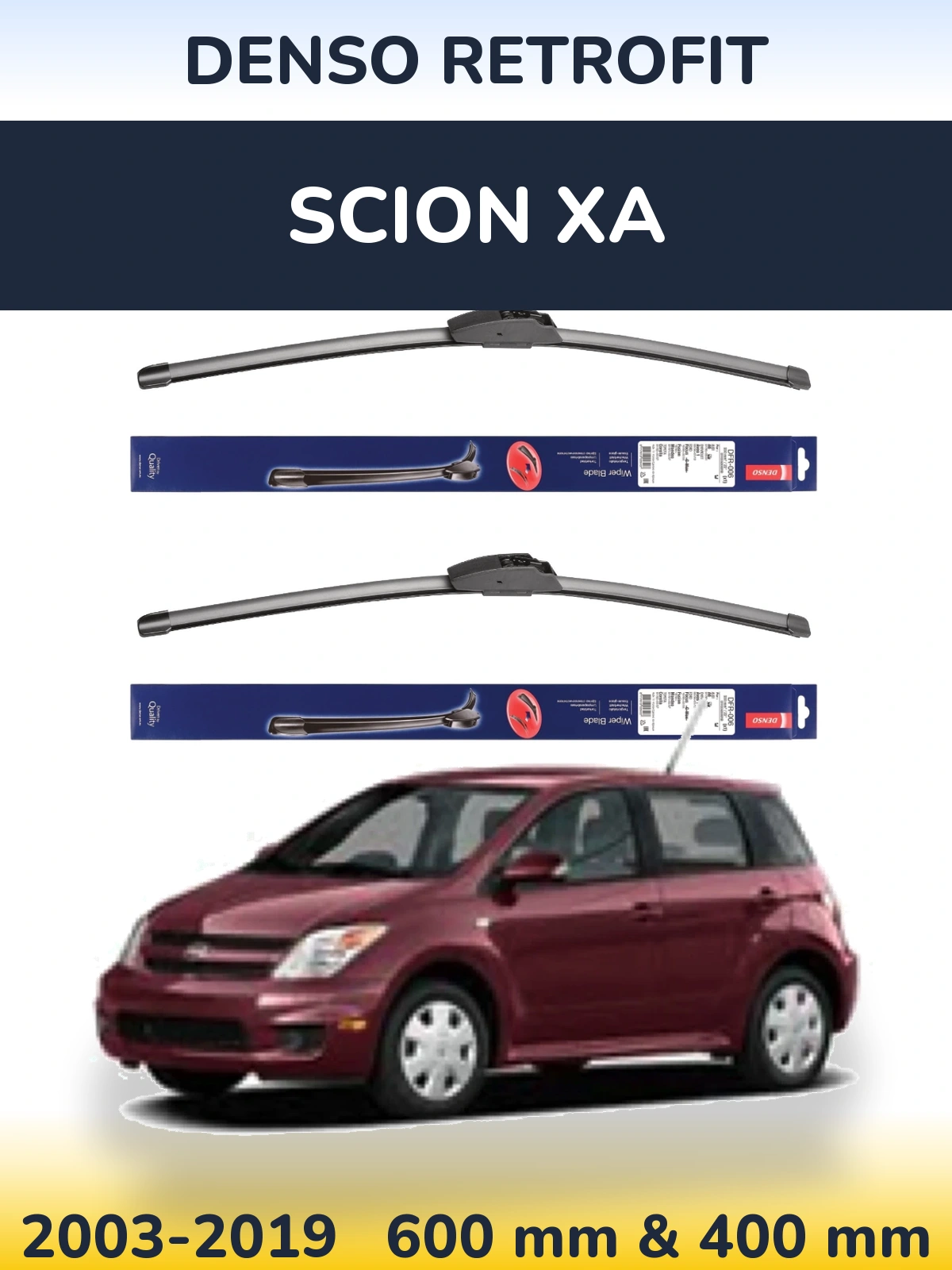 Front wiper blade set Denso Retrofit 600 & 400 mm for Scion xA 2003-2019