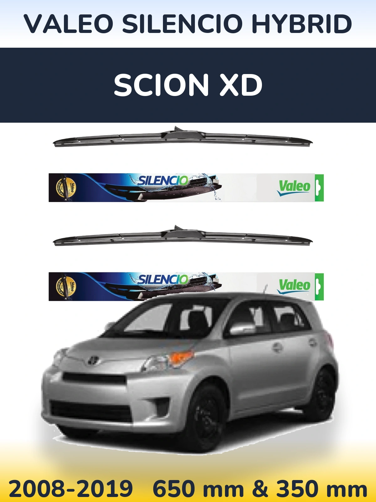 Front wiper blade set Valeo Silencio Hybrid 650 & 350 mm for Scion xD 2008-2019
