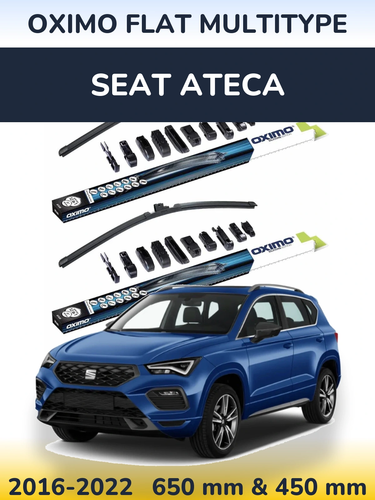 Front wiper blade set Oximo Flat MultiTypee 650 & 450 mm for SEAT Ateca 2016-2022
