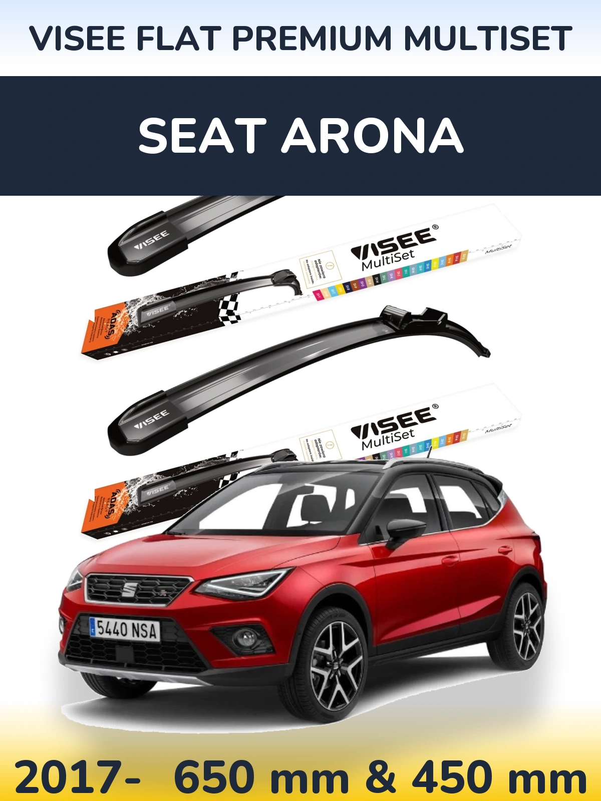 Комплект передних дворников VISEE FLAT PREMIUM MultiSet 650 & 450 мм для SEAT Arona 2017-2026