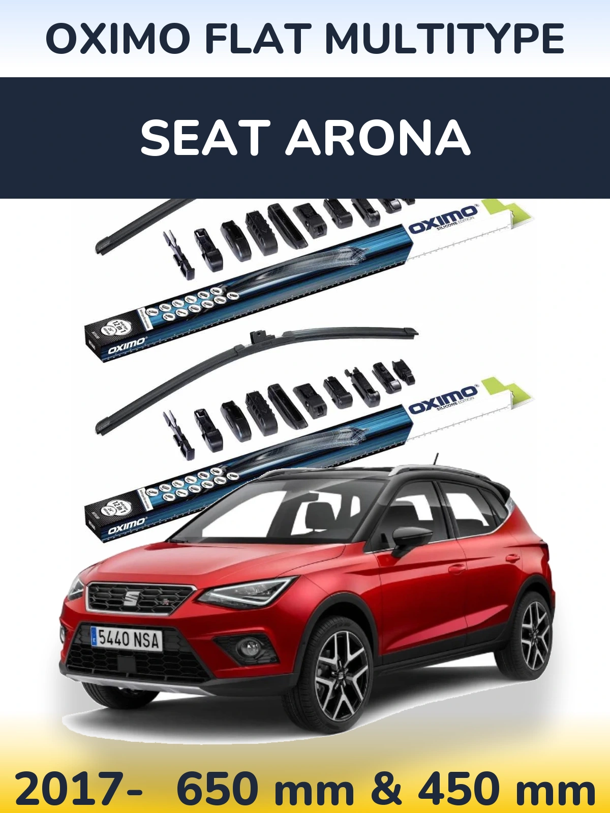 Front wiper blade set Oximo Flat MultiTypee 650 & 450 mm for SEAT Arona 2017-2026