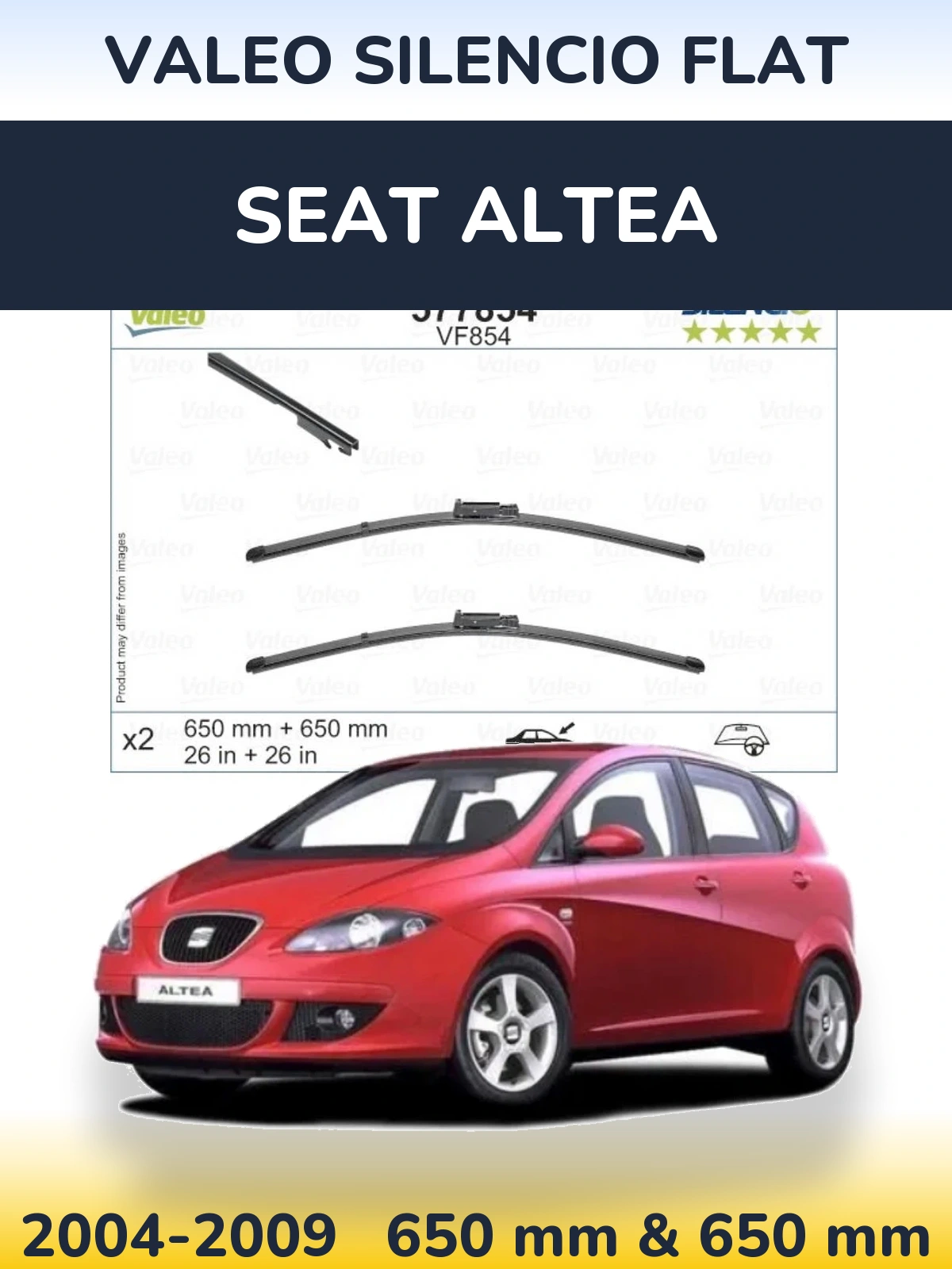 Front wiper blade set Valeo Silencio Flat 650 & 650 mm for SEAT Altea 2004-2009