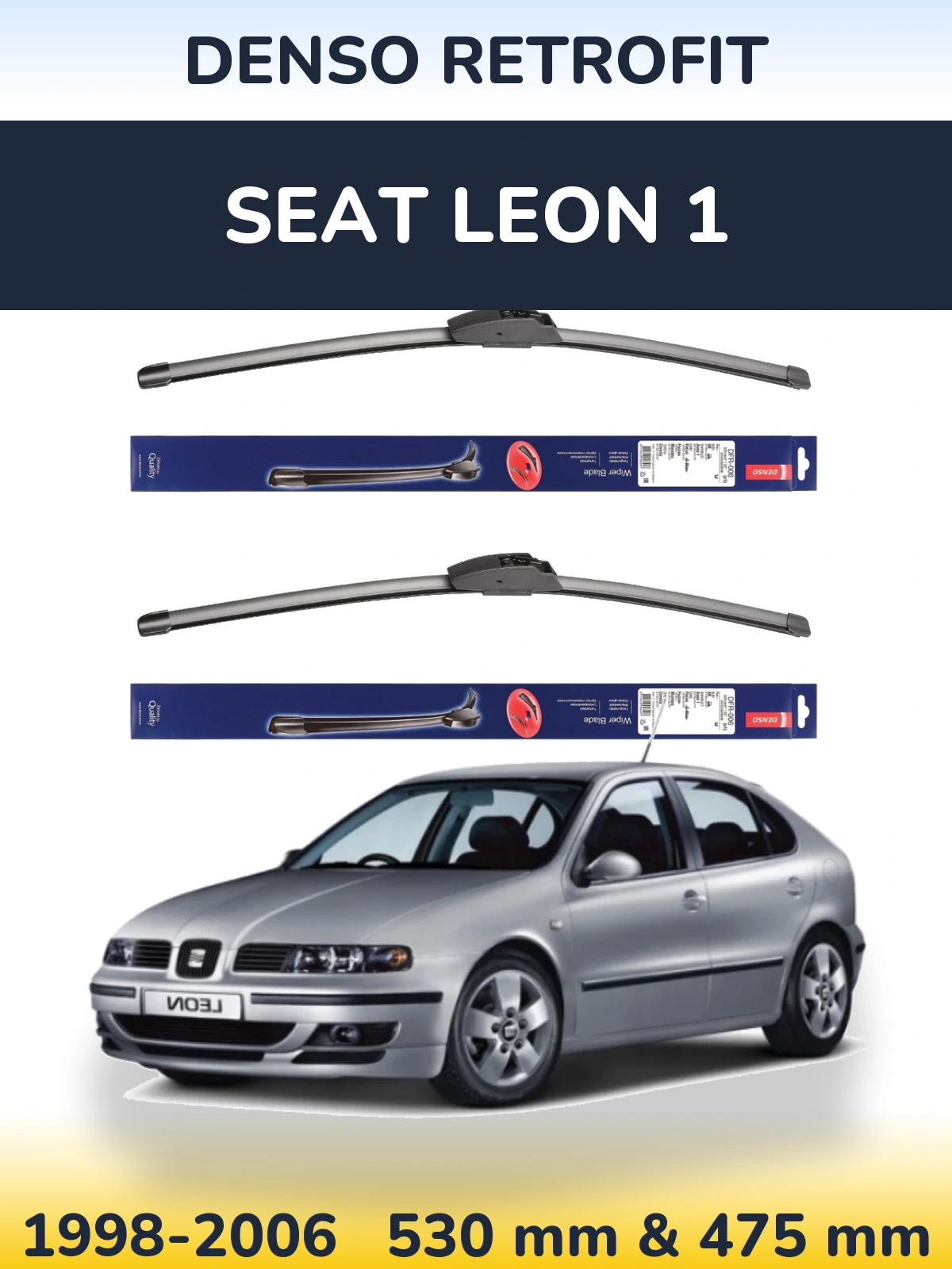 Front wiper blade set Denso Retrofit 530 & 475 mm for SEAT Leon 1 1998-2006