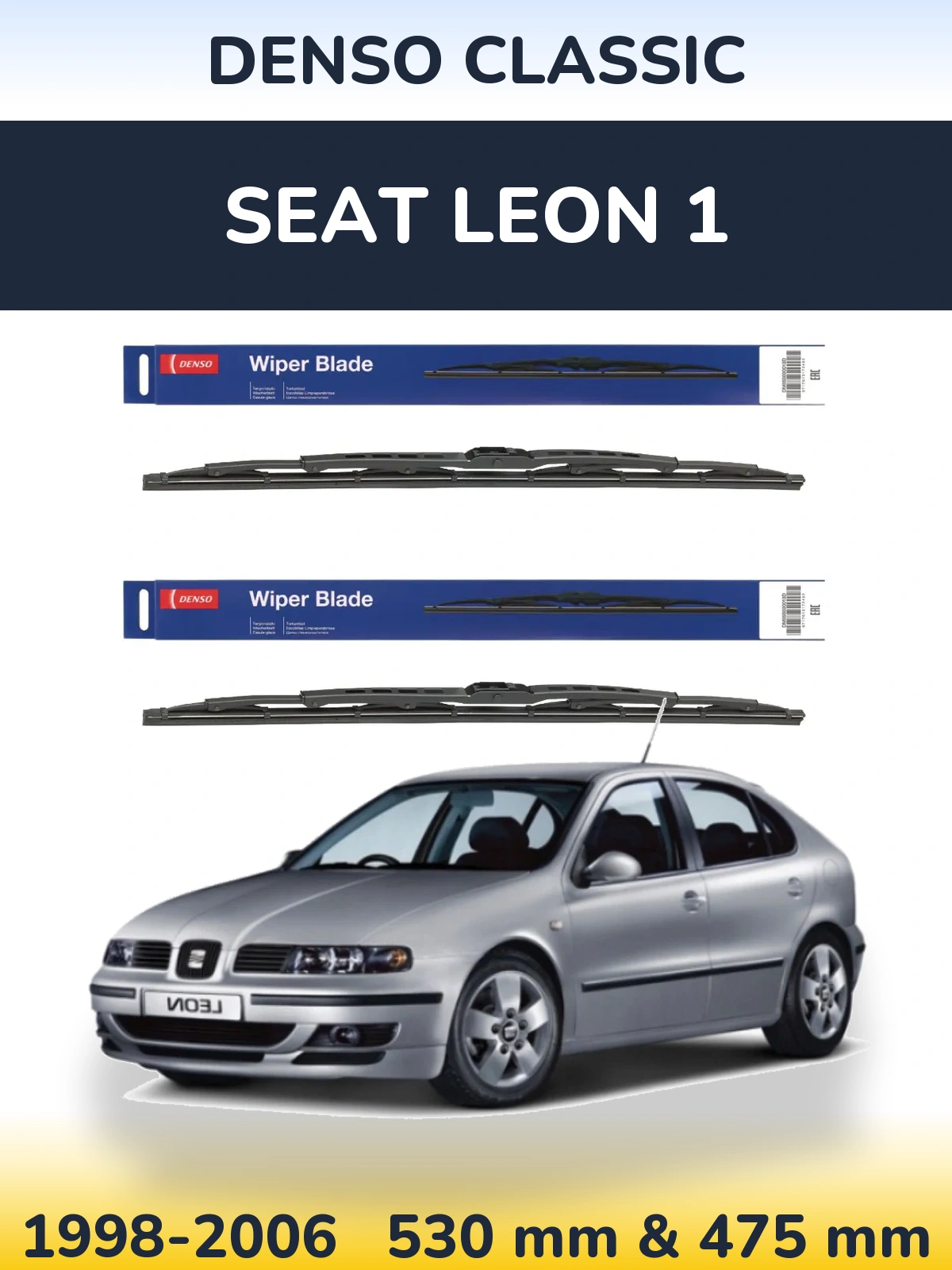 Front wiper blade set Denso Classic 530 & 475 mm for SEAT Leon 1 1998-2006