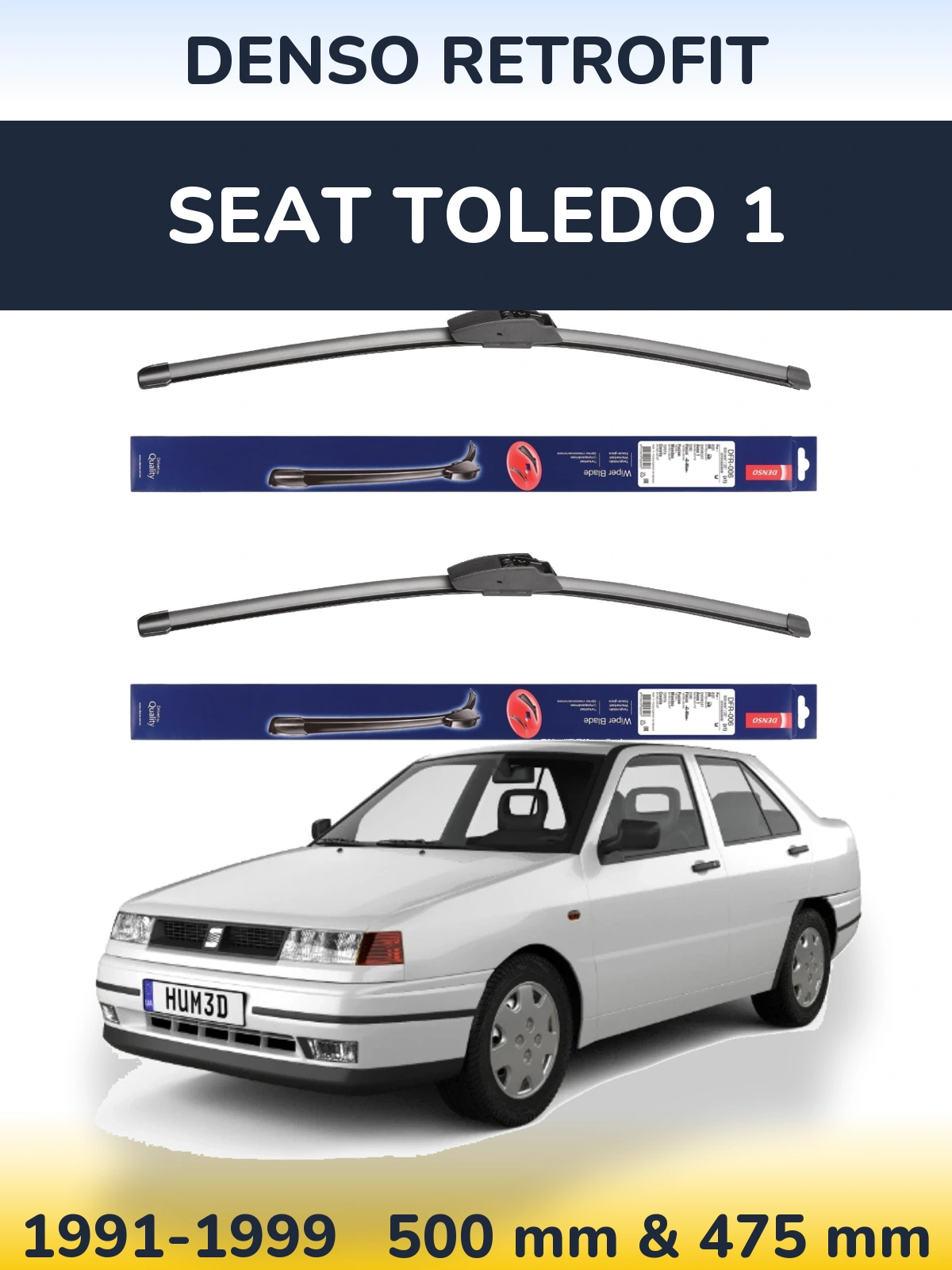 Front wiper blade set Denso Retrofit 500 & 475 mm for SEAT Toledo 1 1991-1999