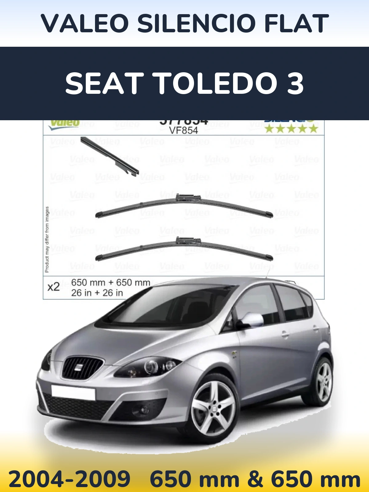 Front wiper blade set Valeo Silencio Flat 650 & 650 mm for SEAT Toledo 3 2004-2009