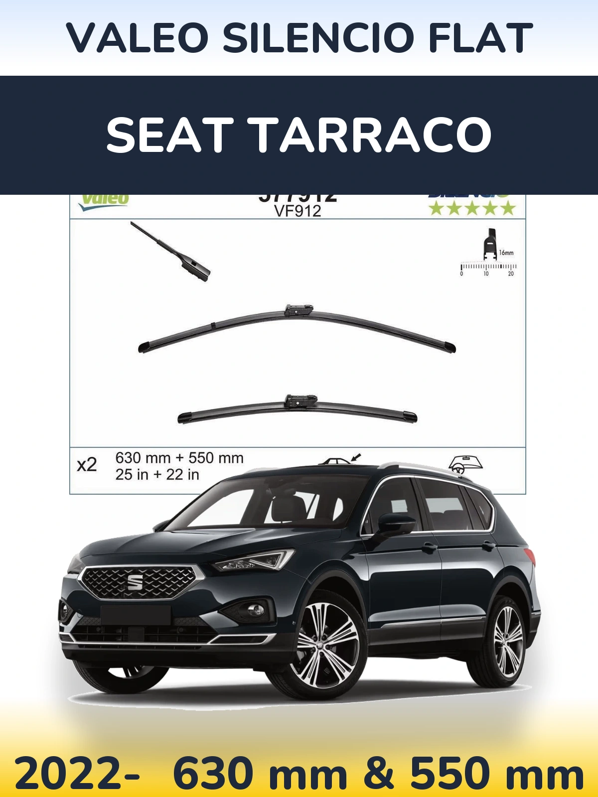 Front wiper blade set Valeo Silencio Flat 630 & 550 mm for SEAT Tarraco 2022-2026