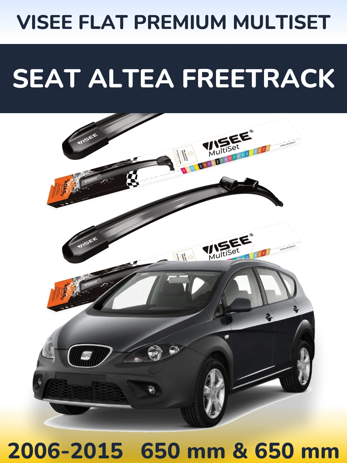 Front wiper blade set VISEE FLAT PREMIUM MultiSet 650 & 650 mm for SEAT Altea Freetrack 2006-2015