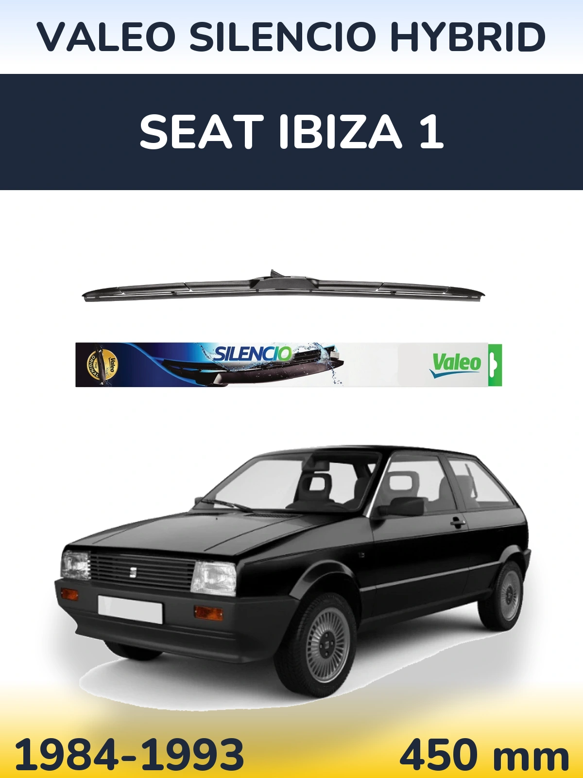 Front wiper blade Valeo Silencio Hybrid 450 mm for SEAT Ibiza 1 1984-1993