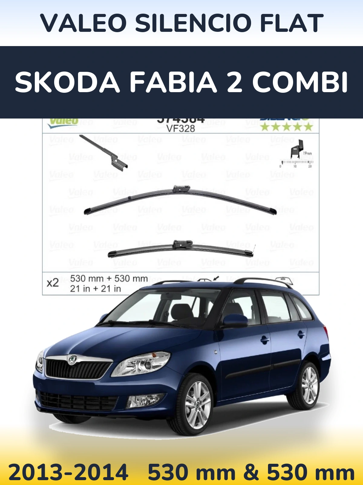 Front wiper blade set Valeo Silencio Flat 530 & 520 mm for Skoda Fabia 2 Combi 2013-2014