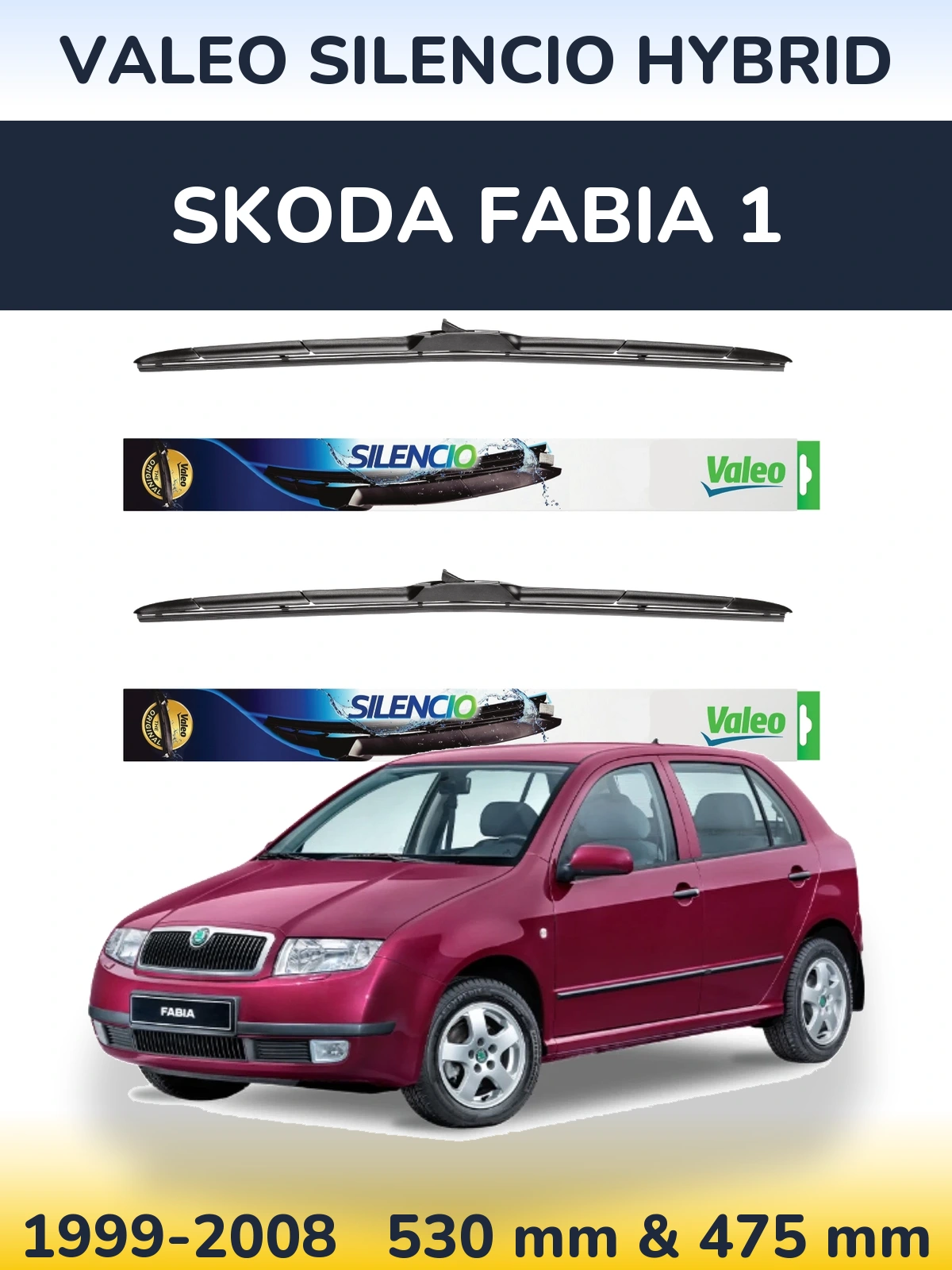 Front wiper blade set Valeo Silencio Hybrid 530 & 475 mm for Skoda Fabia 1 1999-2008