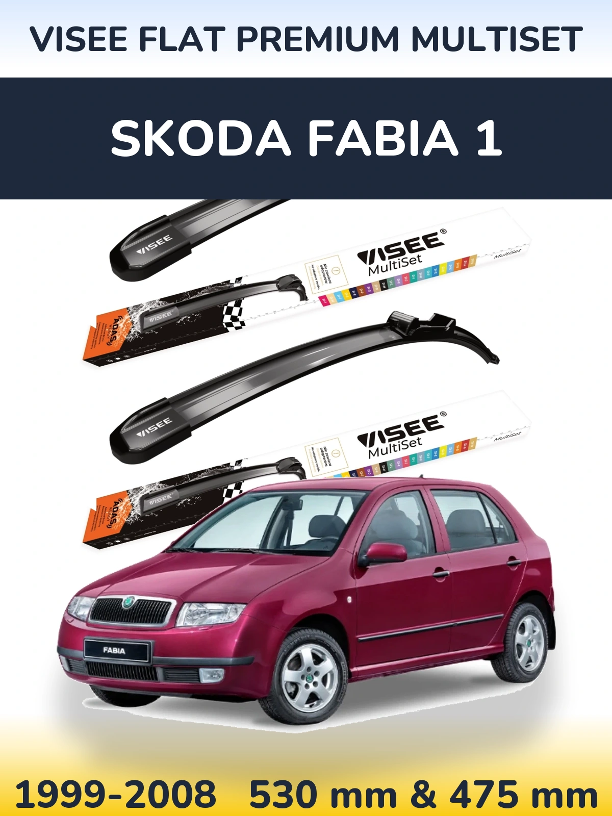 Front wiper blade set VISEE FLAT PREMIUM MultiSet 530 & 475 mm for Skoda Fabia 1 1999-2008