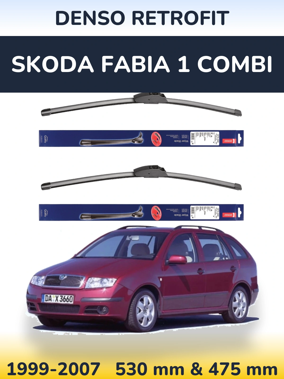 Front wiper blade set Denso Retrofit 530 & 475 mm for Skoda Fabia 1 Combi 1999-2007